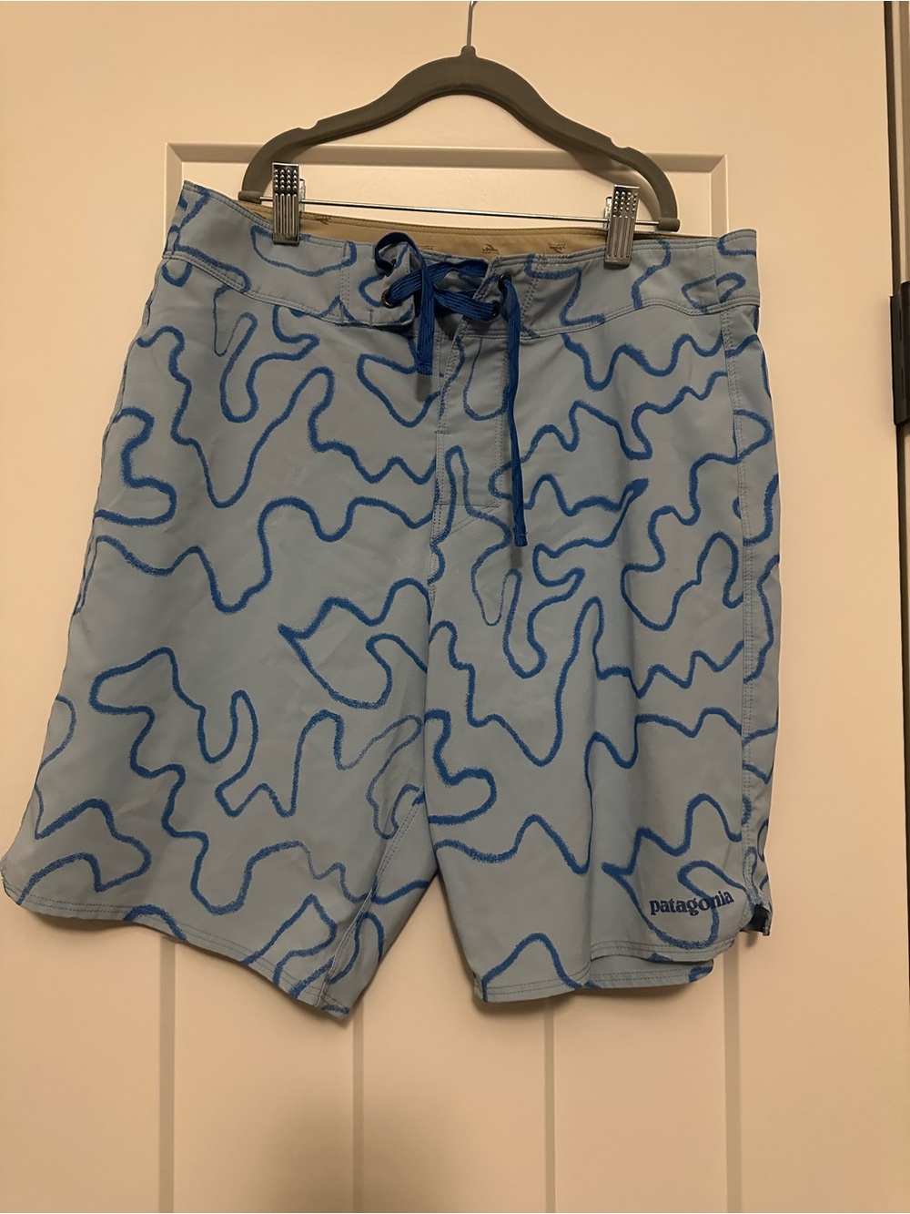 Patagonia Light Blue Swim Board Shorts with Dark Blue Abstract Pattern
